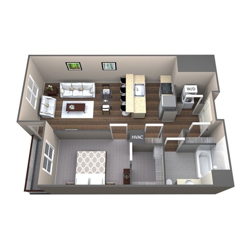 Floor plan for 1 bed, 1 bath, 748 sqft